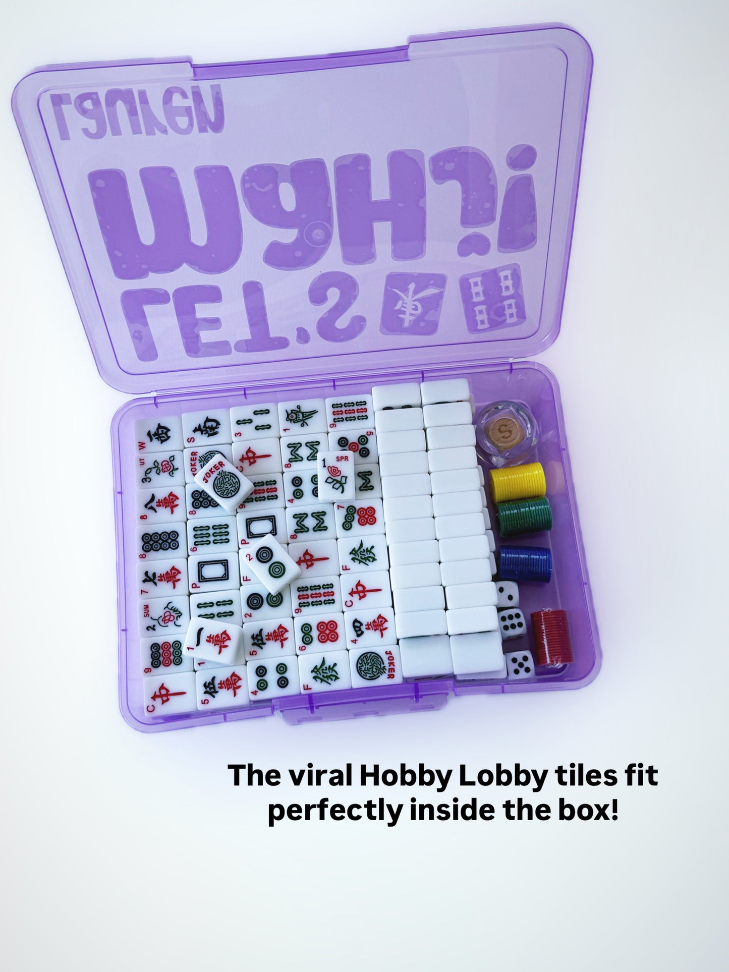 Purple box with Hobby Lobby tiles inside on a white background