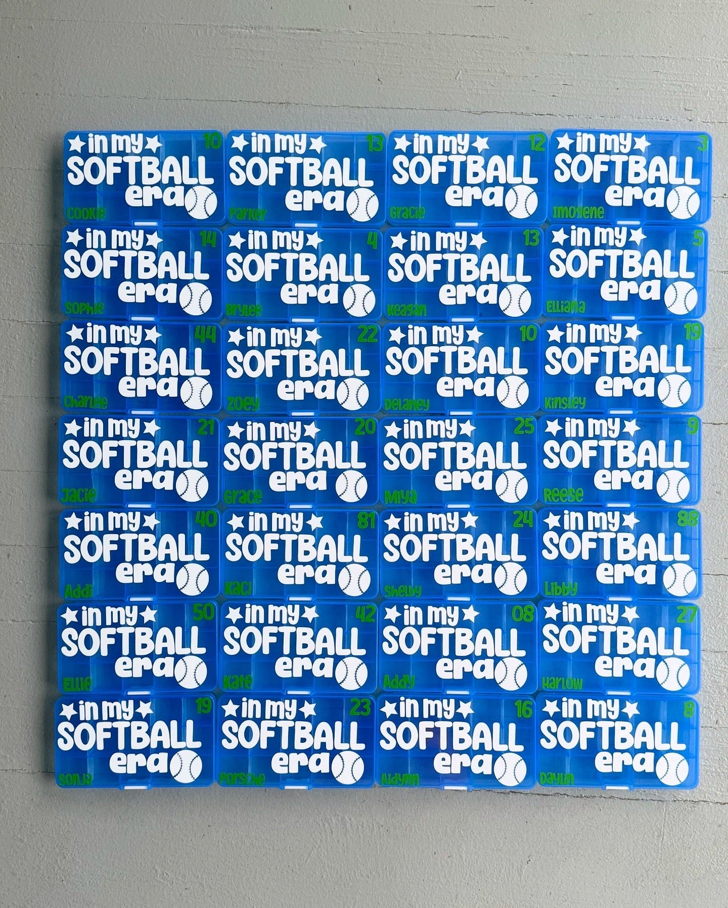Patterned fabric with 'In my Softball Era' text and softball graphics on a blue background.