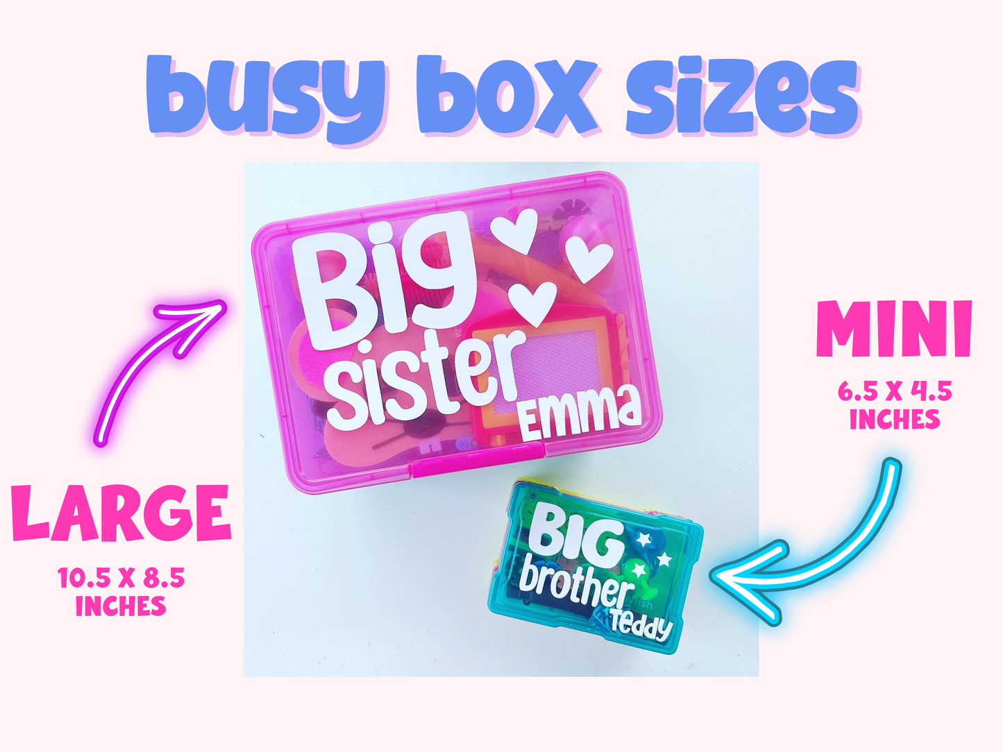 Comparison of large and mini 'Big Sister' and 'Big Brother Teddy' boxes with text indicating sizes.