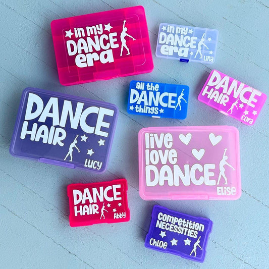 dance hair accessory boxes in bright colors with different designs and personalized