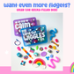 Fidget kit with colorful items and 'my name is calm' and 'Wiggles' text on a white background.
