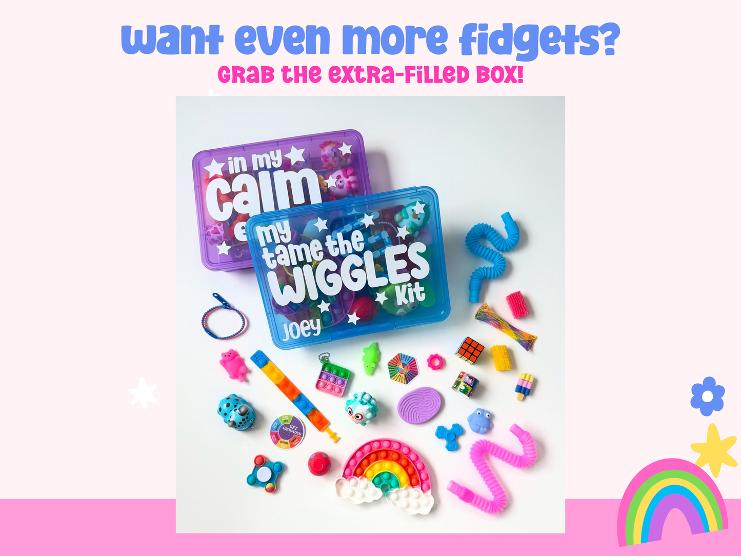 Fidget kit with colorful items and 'my name is calm' and 'Wiggles' text on a white background.
