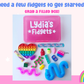 Collection of fidget toys with a pink box labeled 'Lydia's Fidgets' on a white background.
