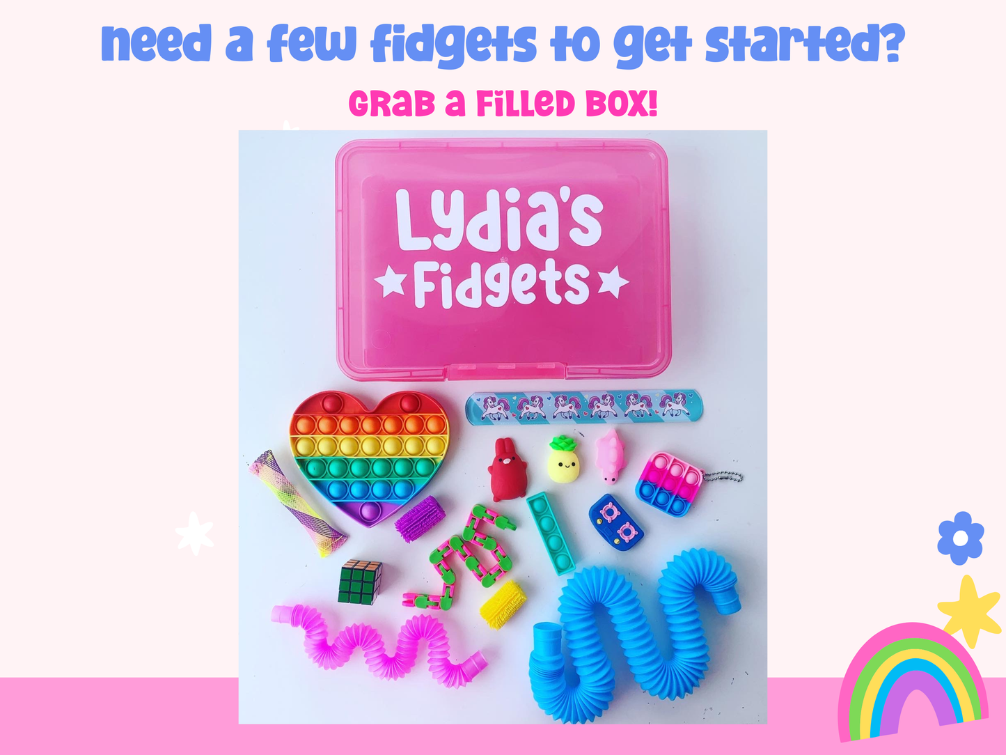 Collection of fidget toys with a pink box labeled 'Lydia's Fidgets' on a white background.