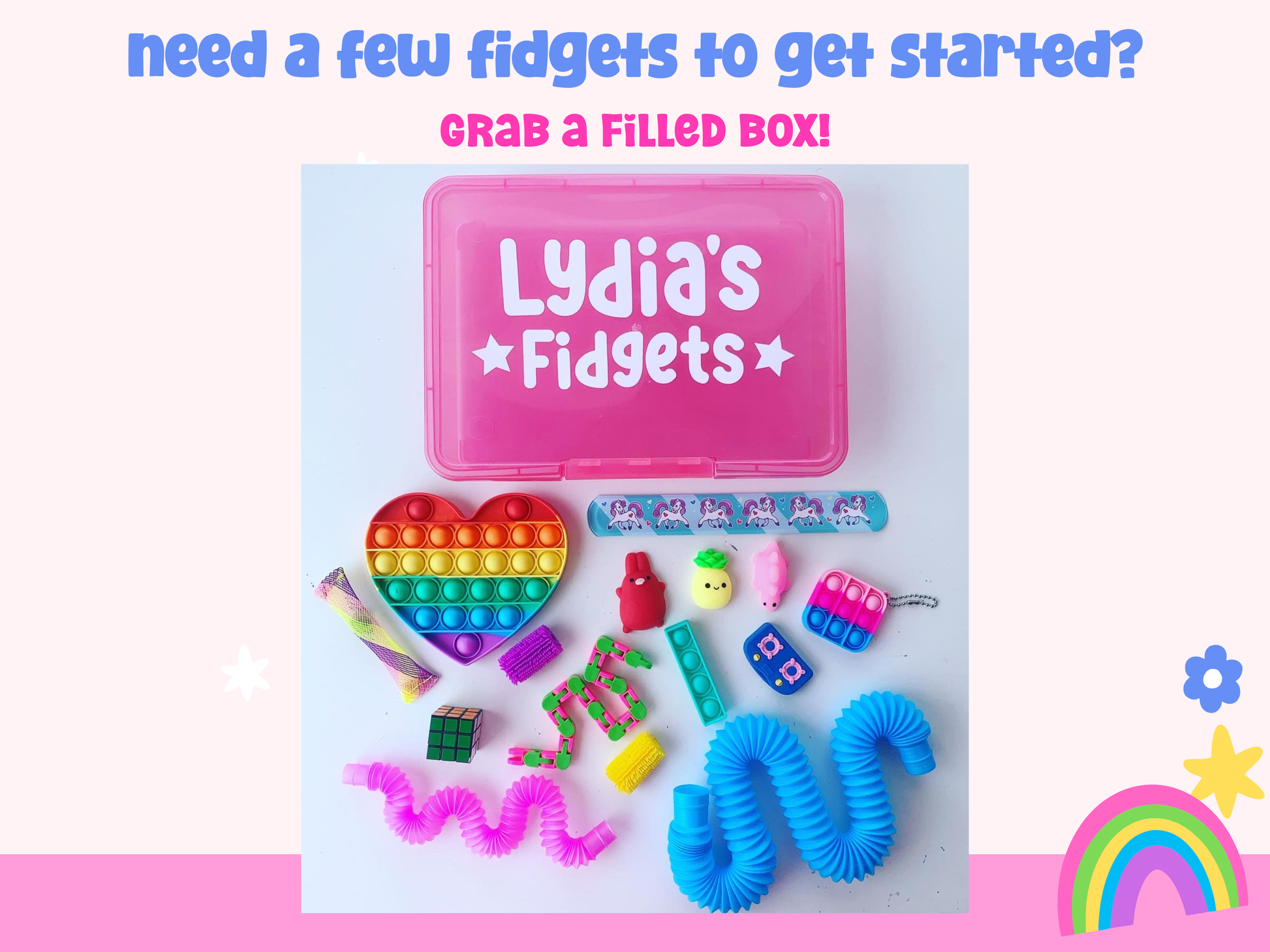Collection of fidget toys with a pink box labeled 'Lydia's Fidgets' on a white background.