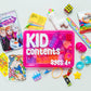 Assorted children's toys and items on a white background with a pink 'KID CONTENTS ages 4+' box.
