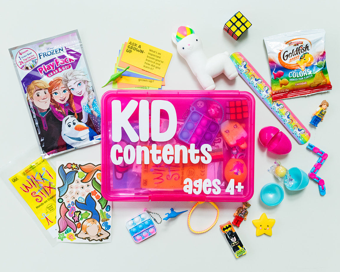 Assorted children's toys and items on a white background with a pink 'KID CONTENTS ages 4+' box.