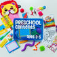 Assorted preschool toys and activities on a white background with a blue box labeled 'Preschool Contents Ages 3-5'.