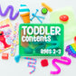 Assorted toys and a book for toddlers on a white background with a 'Toddlers Contents' sign.