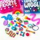Collection of colorful fidget toys with personalized containers on a white background