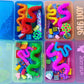 Colorful assortment of fidget toys in transparent containers with visible brand names.
