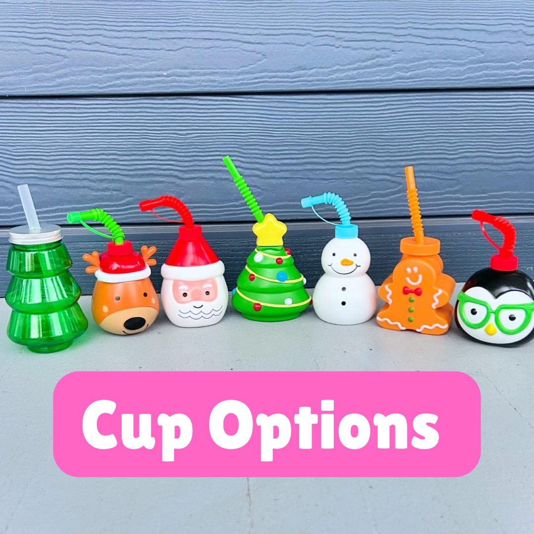 Colorful Christmas and winter-themed cup options are shown against a blue background. All cups have a fun bendy straw and lid. Shapes include Christmas tree, reindeer, Santa Claus, a different Christmas tree, a snowman, gingerbread man and penguin with green glasses.