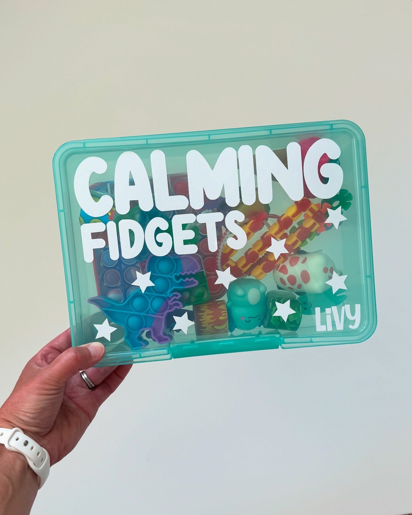 Teal box labeled 'Calming Fidgets' with various fidget toys inside, held by a hand.