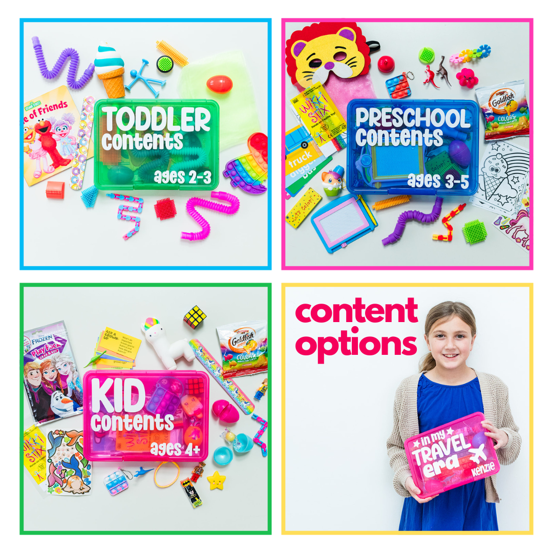 Collage of toy kits for toddlers, preschoolers, and kids with a girl holding a travel kit.