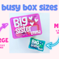 Comparison of large and mini 'Big Sister' and 'Big Brother Teddy' boxes with text indicating sizes.