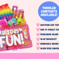 Toy set with colorful fidget toys in a pink container labeled 'Big Day Fun!' on a light pink background.