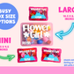 Promotional graphic of 'Flower Girl' and 'Wedding Fun!' boxes with size options labeled.