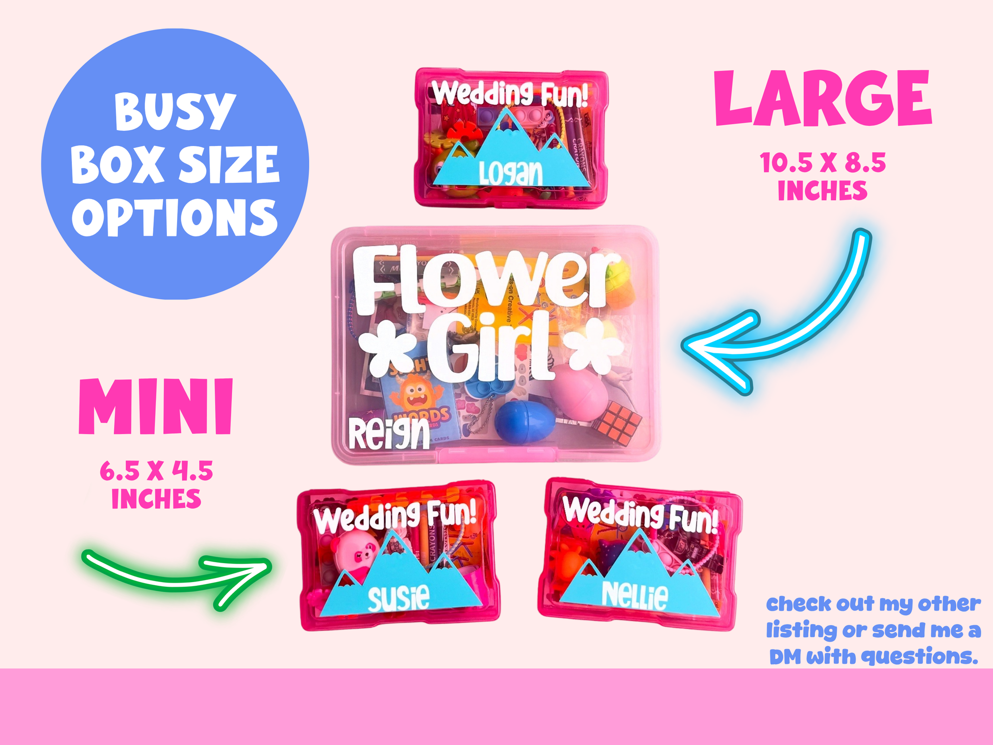 Promotional graphic of 'Flower Girl' and 'Wedding Fun!' boxes with size options labeled.