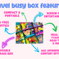 Travel busy box features with colorful toys and text highlighting benefits