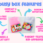 Busy box with colorful toys and text highlighting features on a white background