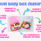 Travel busy box list of features with colorful toys and text highlighting benefits