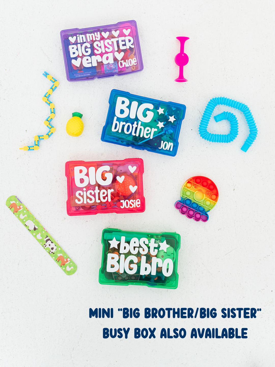 Collection of personalized accessories for siblings on a white background