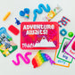Colorful children's toys and cards with 'Adventure Awaits! Teddy' packaging on a white background