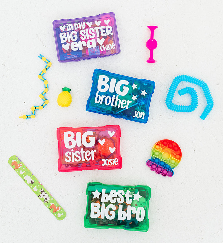 Collection of colorful siblings-themed stickers on a white background