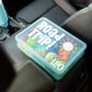 Two boxes are shown in the center console of a car. Top box has white lettering that says "Road Trip!" with a sunshine image and the name "Leo". The container is filled with various travel activities for kids such as fidgets, blocks, toys, snacks and more. Perfect for road trips or travel with toddlers and kids.
