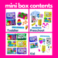 Mini box contents for toddler, preschool, and kid categories on a pink background