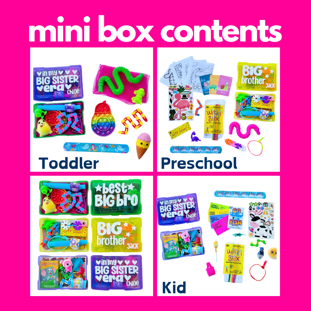 Mini box contents for toddler, preschool, and kid categories on a pink background