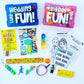 Two blue and pink plastic containers with the words 'Wedding Fun!' and 'Big Day Fun!' on them. The containers are filled with various small toys and activities, including a dinosaur sticker sheet, a wedding I Spy game, a word search, a ring bearer thank you card, a pop-it toy, a dinosaur toy, a Wikki Stix craft kit, and a coloring book.