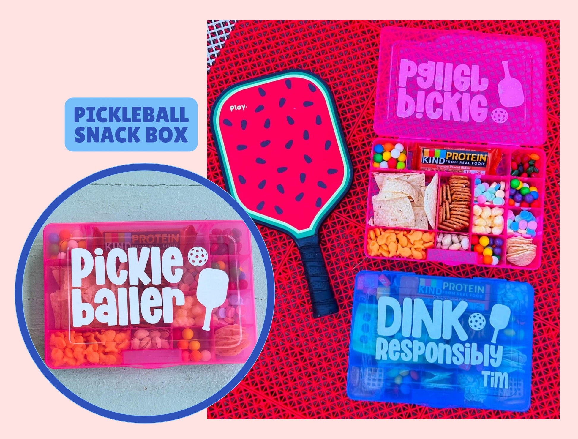 PICKLEBALL Snack Box, Fun Pickleball Gift Idea, Adult Lunch Container Food Storage, Dink Mom Dad Friend Sister Brother Tournament 2+3=WE