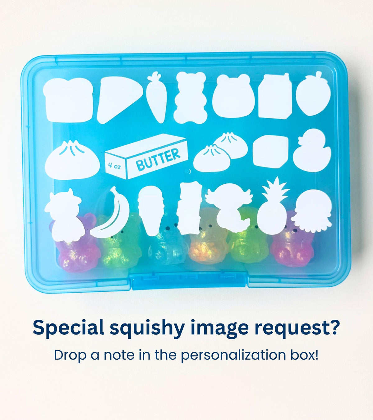 Personalized Squishy Storage Box, Butter Mystery Dumpling Squishy Toy Organizer Squishy Collection Holder Fidget Sensory ADHD Anxiety 2+3=WE