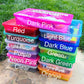 brightly colored boxes labeled by color including dark pink, red, turquoise, light purple, purple, neon pink, clear, light blue, dark blue, green, dark green, light pink, orange