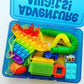 Blue toddler travel busy box open to show contents including rainbow lobster pop it, 2 pop tube fidgets, suction cup toy, slap bracelet, peekaboo scarf, plastic egg, bristle blocks